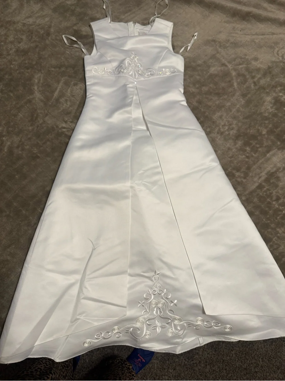 David's Bridal White Satin Flower Girl Dress with Appliqué